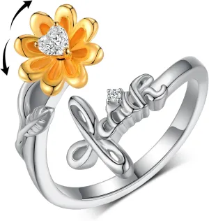 Fidget Rings for Anxiety 925 Sterling Silver Sunflower Anxiety Ring Faith Spinner Ring Stress Relieving Anxiety Jewelry Gift for Women Boredom ADHD Autism