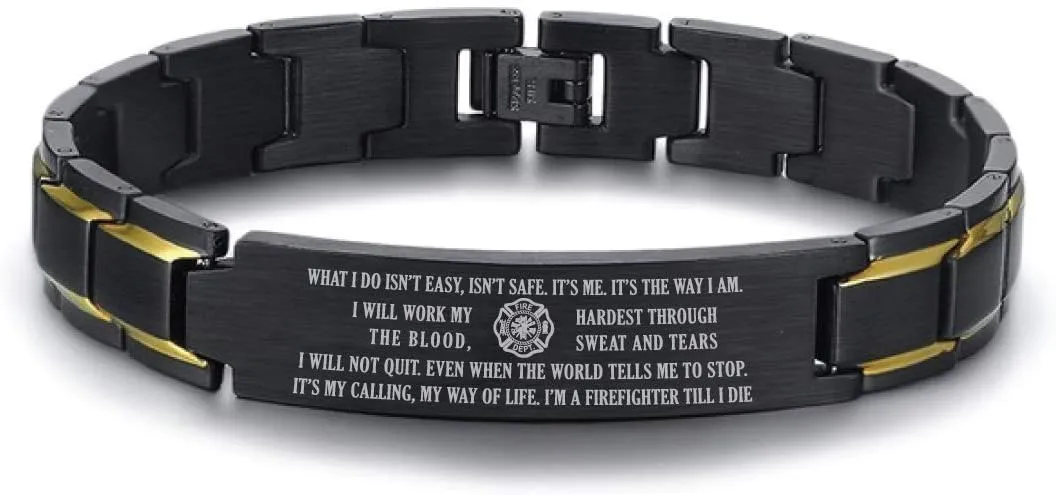 Firefighter Bracelet - US Firefighter Gift - Men's Black Stainless Steel Bracelet - Thin Red Line
