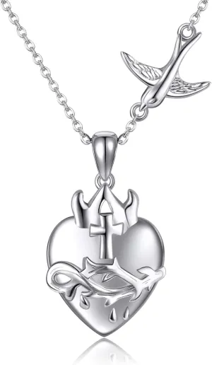 Flaming Sacred Heart of Jesus Necklace S925 Sterling Silver Catholic Faith Charm Pendant Love of God Thorn Jewelry Easter Gifts