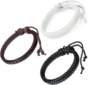 Flongo Men's Womens Braided Black Leather Rope Woven Wrap Surfer Cuff Bracelet, Fit 7.6-10.6 inch Wrist 