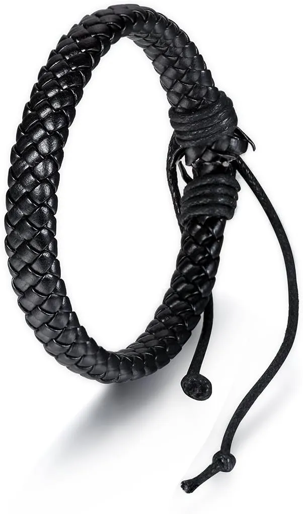 Flongo Men's Womens Braided Black Leather Rope Woven Wrap Surfer Cuff Bracelet, Fit 7.6-10.6 inch Wrist 