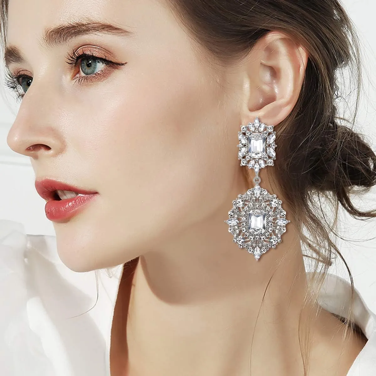 Flyonce Women's Rhinestone Crystal Wedding Art Deco Vintage Style Gatsby Chandelier Dangle Earrings