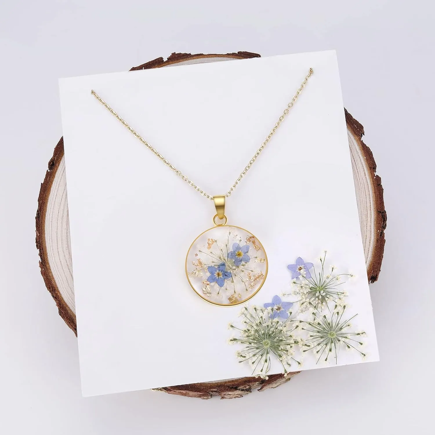 Forget-Me-Not and Queen Anne's Lace Pressed Wildflower Necklace | Gold Pressed Flower Necklace | Personalized Handmade Necklaces for Women | Forget-Me-Not Jewelry | Alaska State Flower Necklace | 18