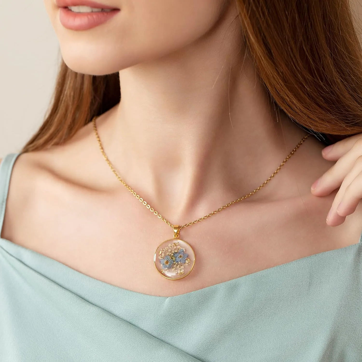 Forget-Me-Not and Queen Anne's Lace Pressed Wildflower Necklace | Gold Pressed Flower Necklace | Personalized Handmade Necklaces for Women | Forget-Me-Not Jewelry | Alaska State Flower Necklace | 18