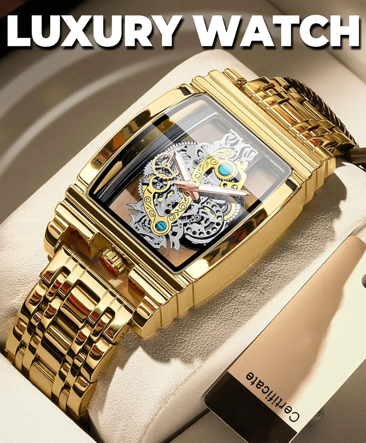 FORSINING Men's Luxury Hollow Skeleton Watch Retro Gorgeous Gear Carving Design Rectangle Tonneau Large Dial Leather Belt & Stainless Steel Band Quartz Wristwatch Not Mechanical Watches