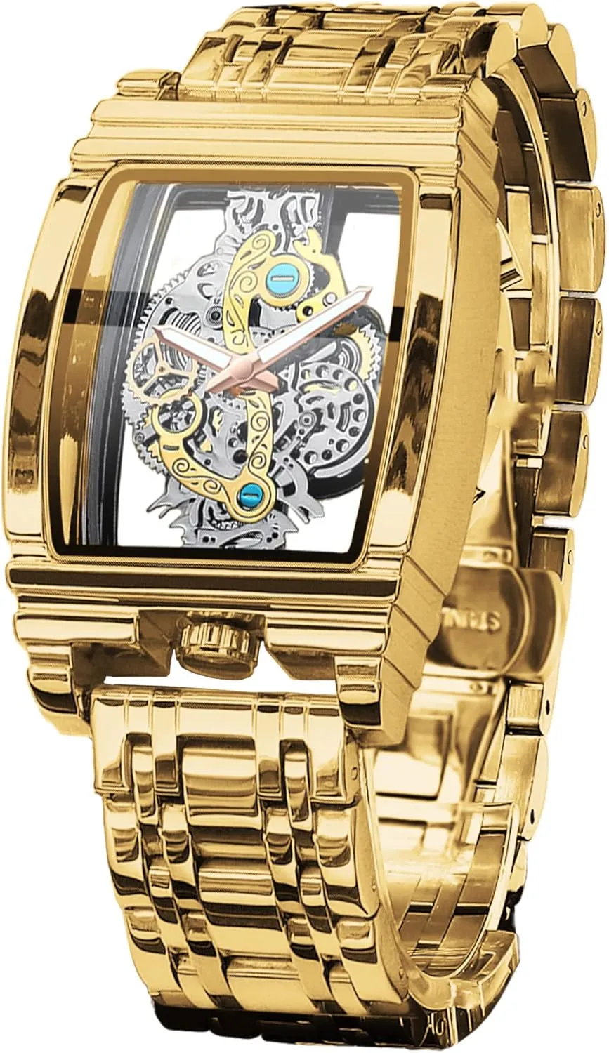 FORSINING Men's Luxury Hollow Skeleton Watch Retro Gorgeous Gear Carving Design Rectangle Tonneau Large Dial Leather Belt & Stainless Steel Band Quartz Wristwatch Not Mechanical Watches