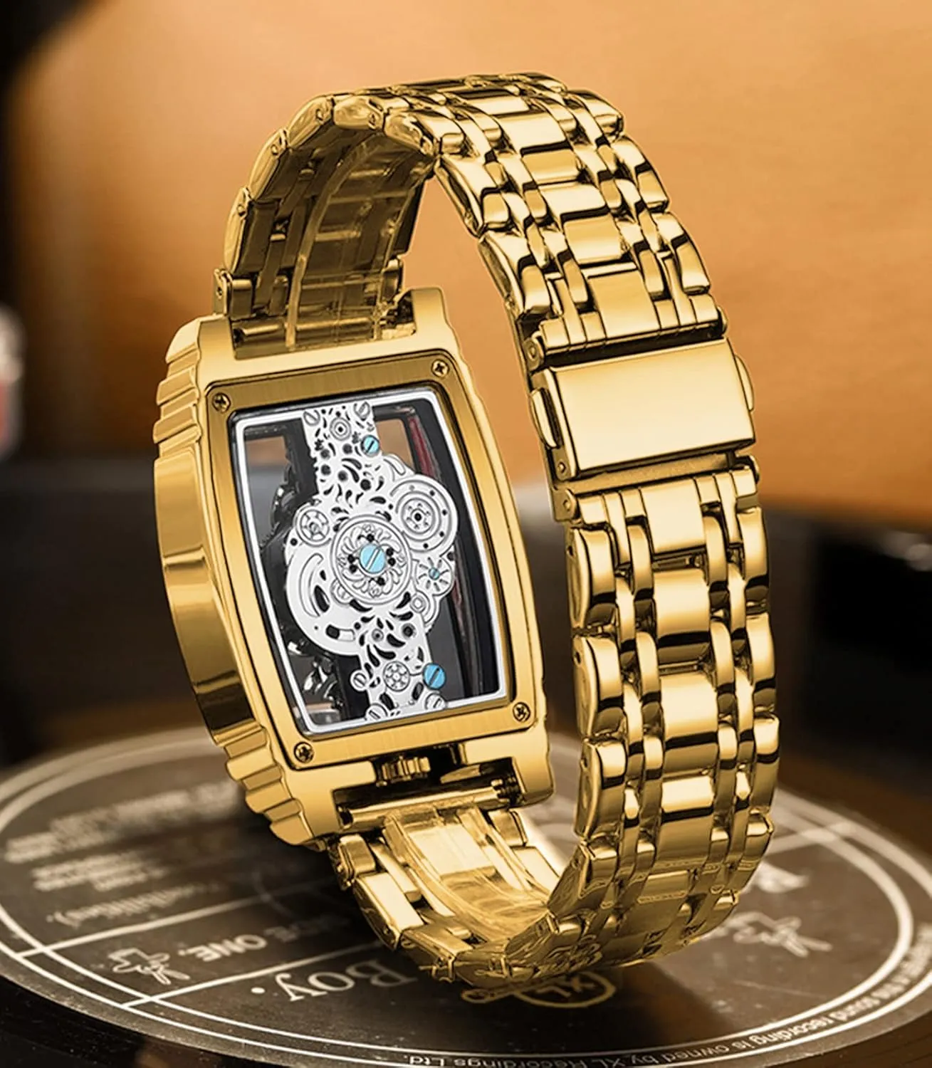 FORSINING Men's Luxury Hollow Skeleton Watch Retro Gorgeous Gear Carving Design Rectangle Tonneau Large Dial Leather Belt & Stainless Steel Band Quartz Wristwatch Not Mechanical Watches