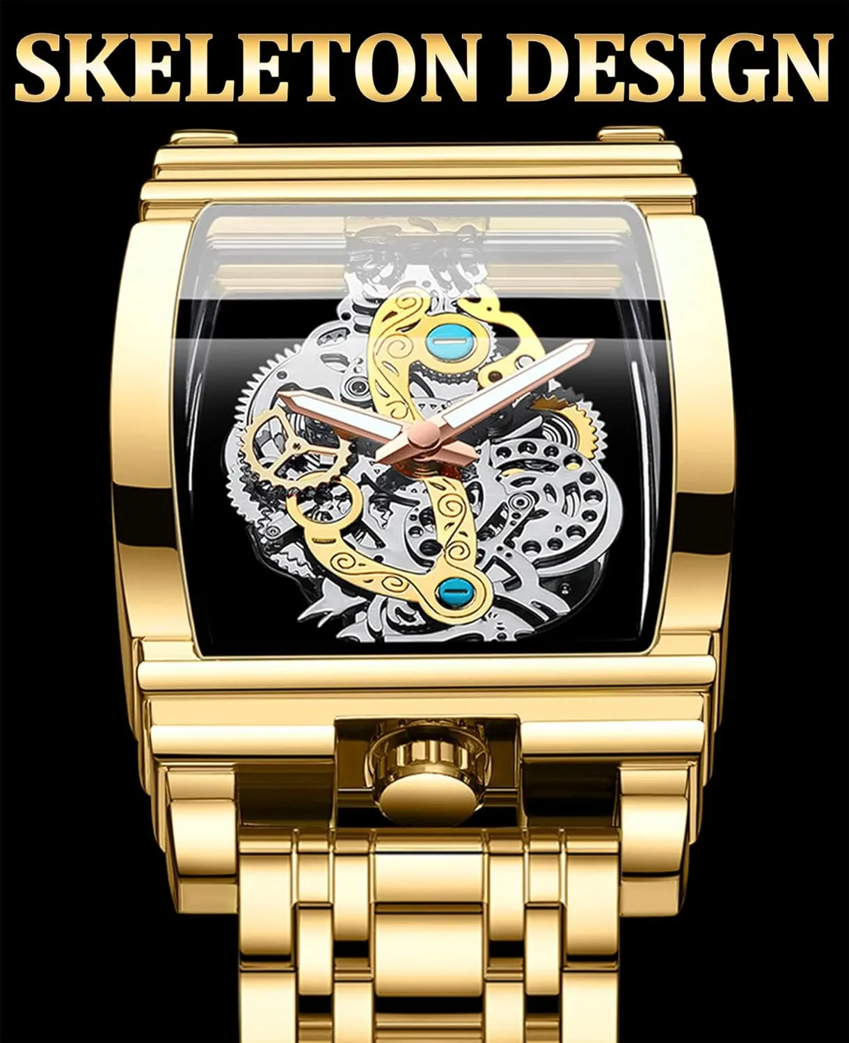 FORSINING Men's Luxury Hollow Skeleton Watch Retro Gorgeous Gear Carving Design Rectangle Tonneau Large Dial Leather Belt & Stainless Steel Band Quartz Wristwatch Not Mechanical Watches