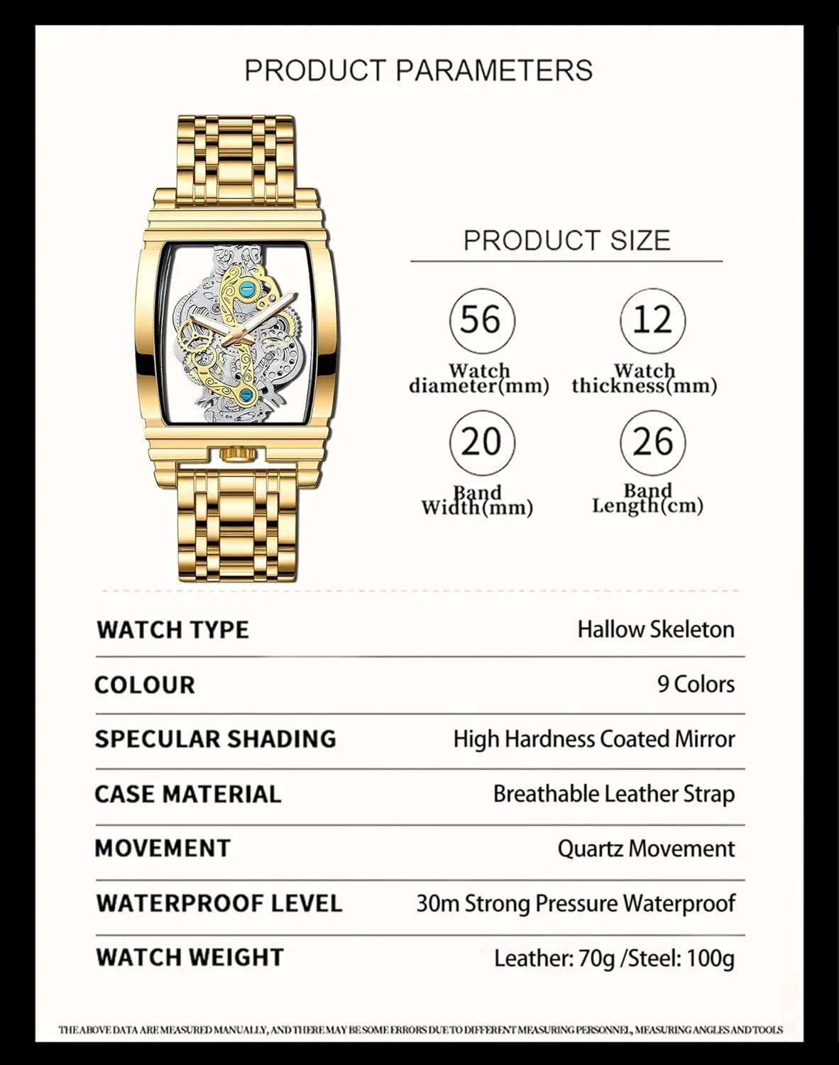 FORSINING Men's Luxury Hollow Skeleton Watch Retro Gorgeous Gear Carving Design Rectangle Tonneau Large Dial Leather Belt & Stainless Steel Band Quartz Wristwatch Not Mechanical Watches