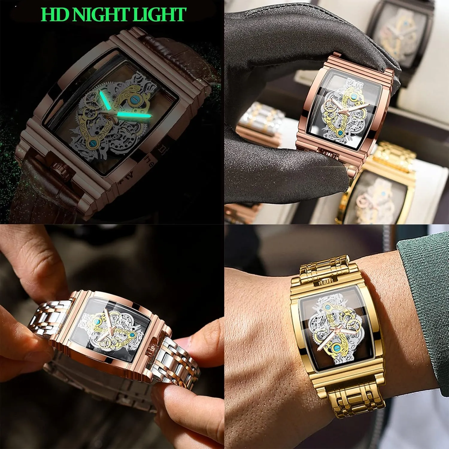 FORSINING Men's Luxury Hollow Skeleton Watch Retro Gorgeous Gear Carving Design Rectangle Tonneau Large Dial Leather Belt & Stainless Steel Band Quartz Wristwatch Not Mechanical Watches