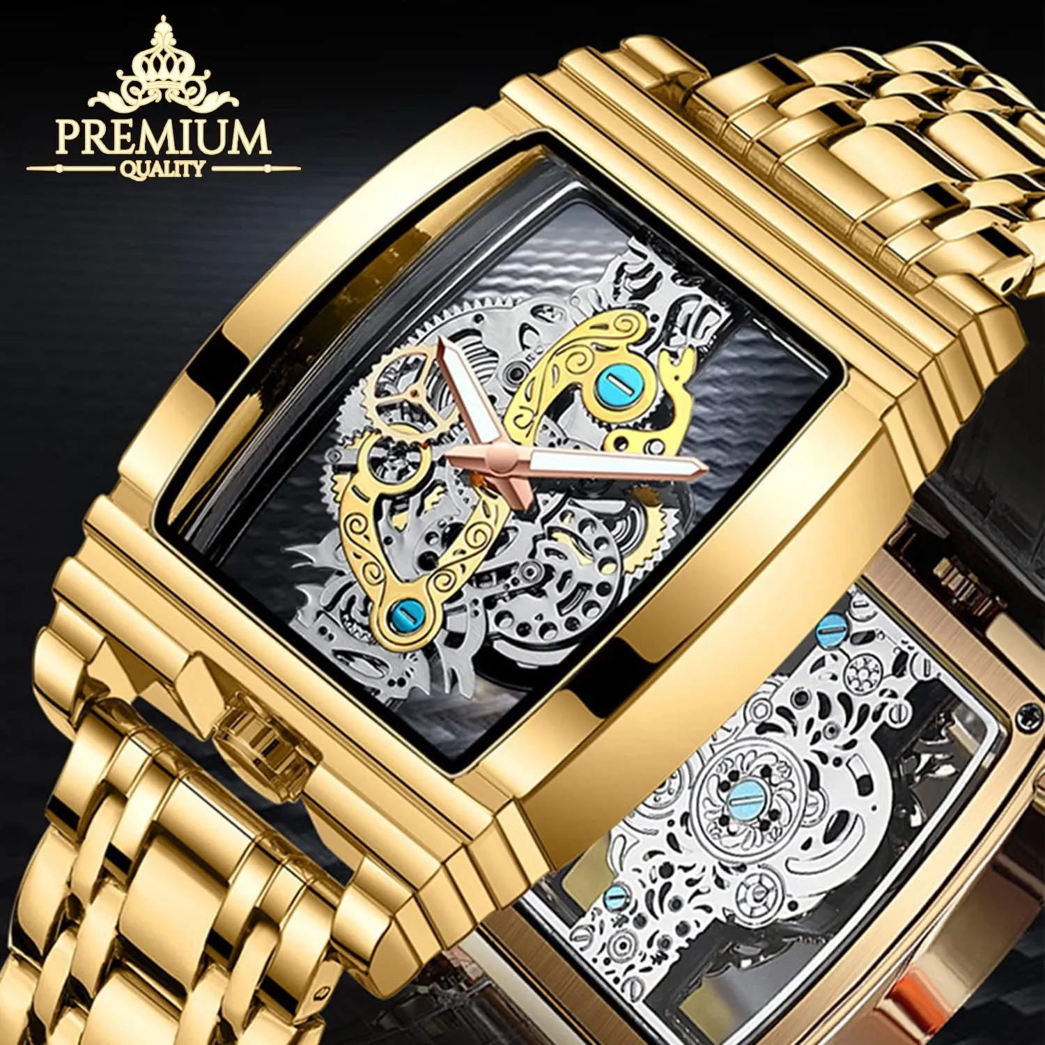 FORSINING Men's Luxury Hollow Skeleton Watch Retro Gorgeous Gear Carving Design Rectangle Tonneau Large Dial Leather Belt & Stainless Steel Band Quartz Wristwatch Not Mechanical Watches