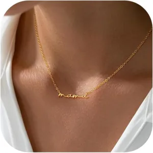 Foxgirl Mama Necklace 18k Gold Plated Tiny Cubic Zirconia Dainty Chain Mom Necklace Initial Letter Mama Pendant Necklaces Mom Jewelry Gift Mother's Day Mother's Birthday