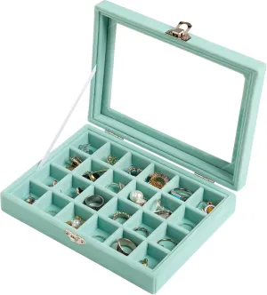 Frebeauty 24 Grid Jewelry Tray,Velvet Stud Earring Organizer,Small Jewelry Organizer with Clear Lid,Lockable Earring Holder Organizer Jewelry Boxes & Organizer Ring Holder for Women & Girls(Turquoise)
