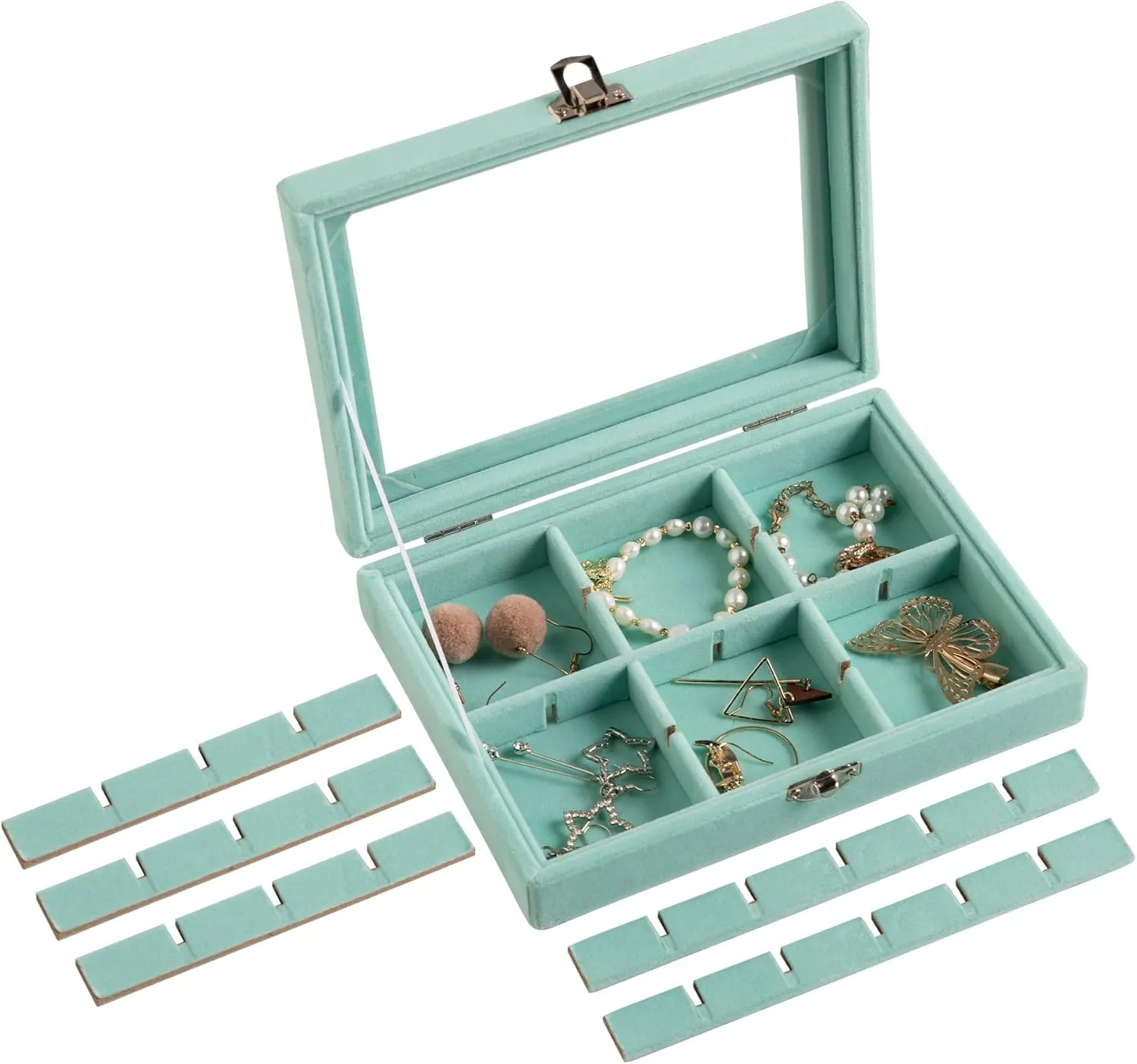 Frebeauty 24 Grid Jewelry Tray,Velvet Stud Earring Organizer,Small Jewelry Organizer with Clear Lid,Lockable Earring Holder Organizer Jewelry Boxes & Organizer Ring Holder for Women & Girls(Turquoise)