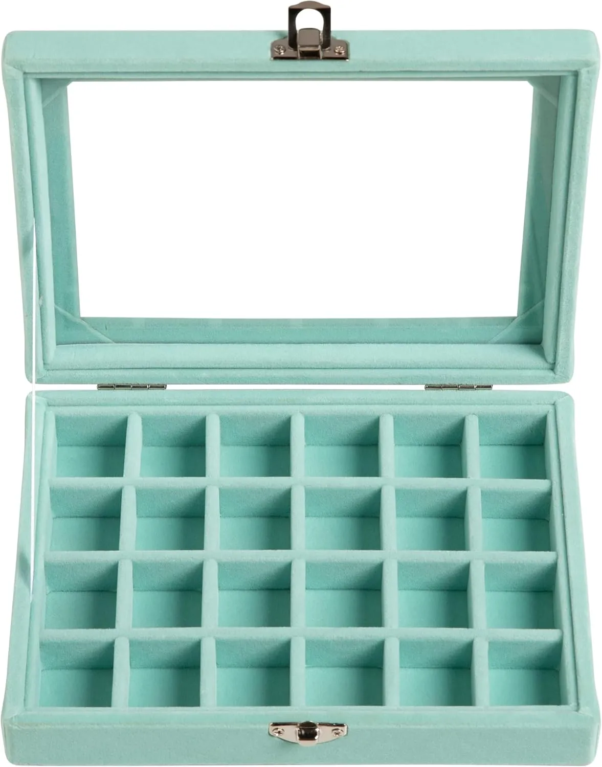 Frebeauty 24 Grid Jewelry Tray,Velvet Stud Earring Organizer,Small Jewelry Organizer with Clear Lid,Lockable Earring Holder Organizer Jewelry Boxes & Organizer Ring Holder for Women & Girls(Turquoise)