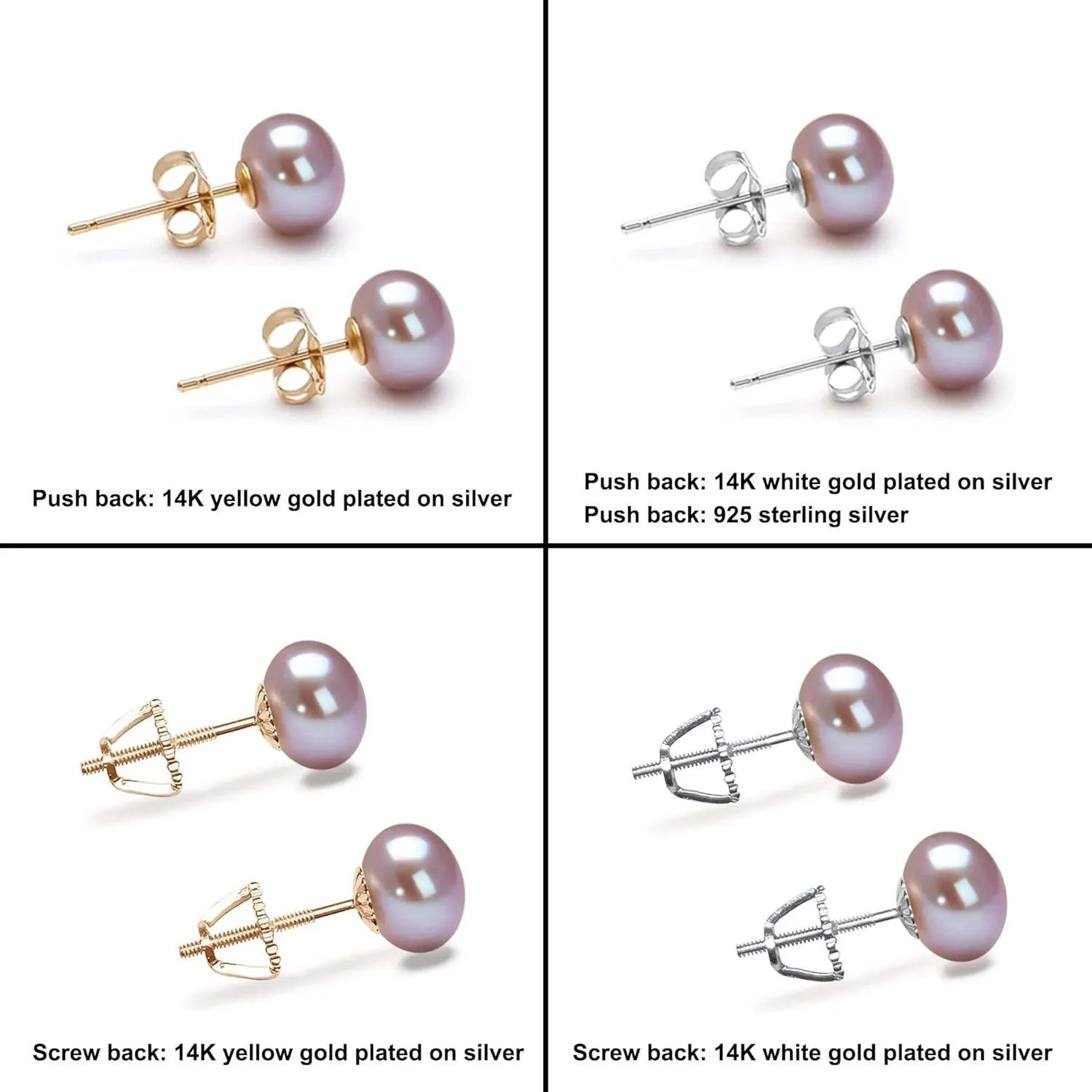 Freshwater Cultured Pearl Earrings Stud AA Graded 6-10mm Lavender Stud Earrings for Women with 925 Sterling Silver Settings and Jewelry Gift Box - Orien Jewelry