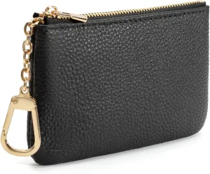 Full Grain Leather Coin Purse with Key Chain - Small Change Purse Keychain Card Holder Keychain Pouch Small Keychain Wallet for Women and Men (Black - Large Size)