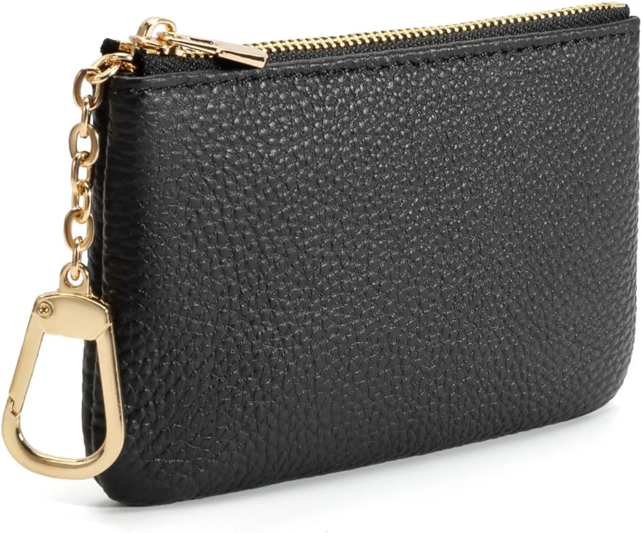 Full Grain Leather Coin Purse with Key Chain - Small Change Purse Keychain Card Holder Keychain Pouch Small Keychain Wallet for Women and Men (Black - Large Size)