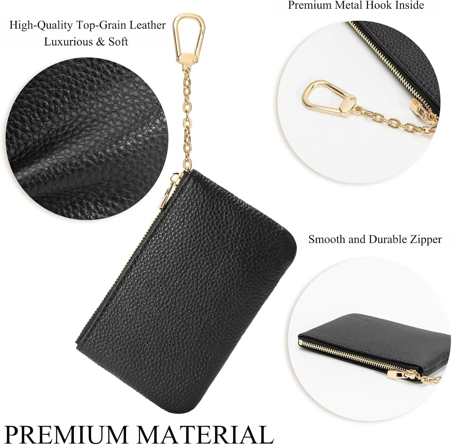 Full Grain Leather Coin Purse with Key Chain - Small Change Purse Keychain Card Holder Keychain Pouch Small Keychain Wallet for Women and Men (Black - Large Size)
