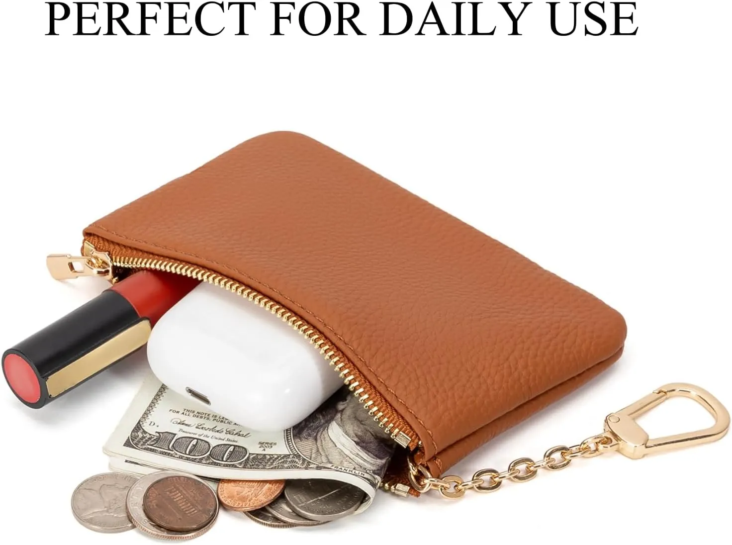 Full Grain Leather Coin Purse with Key Chain - Small Change Purse Keychain Card Holder Keychain Pouch Small Keychain Wallet for Women and Men (Brown, Large Size)