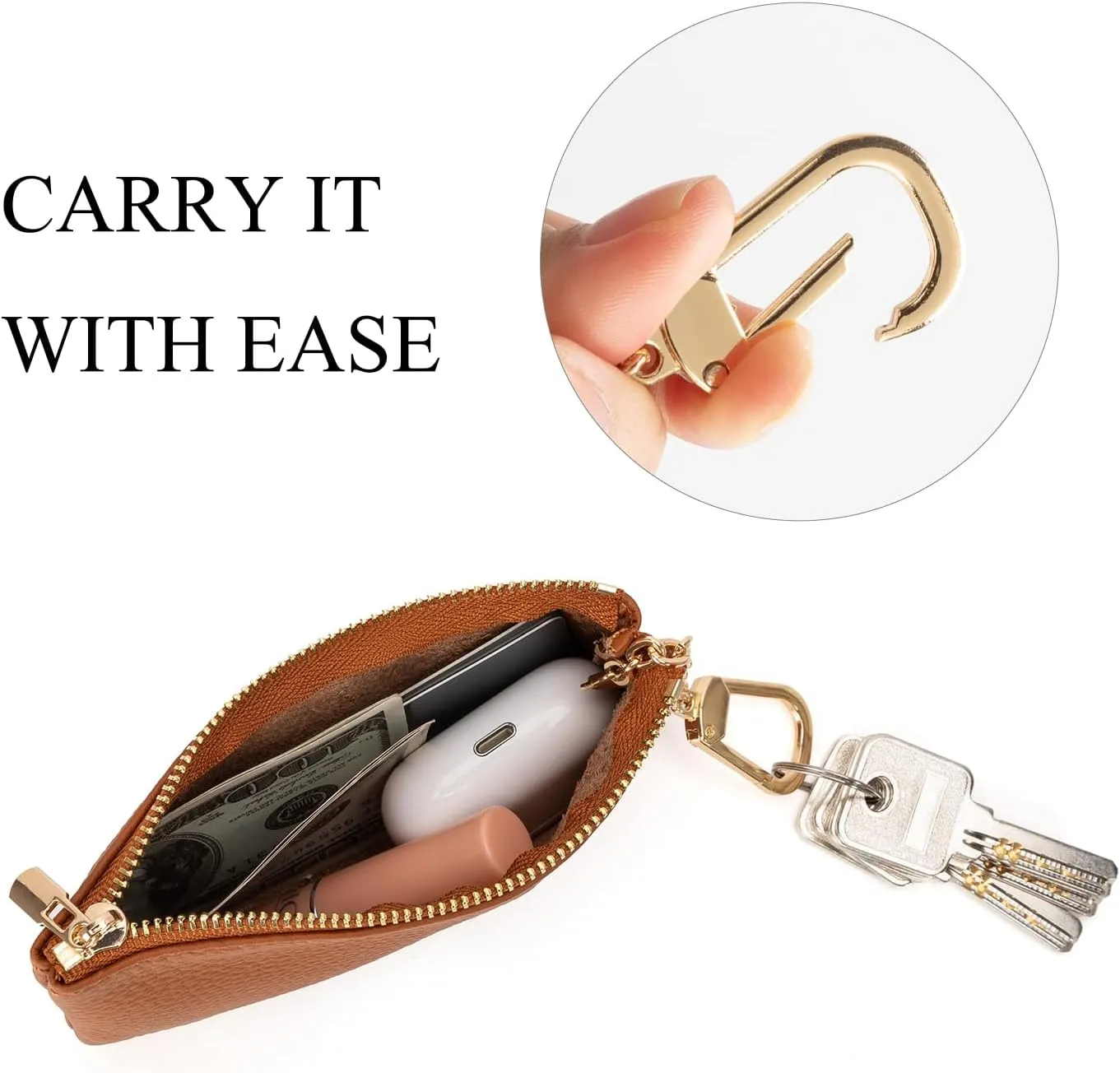 Full Grain Leather Coin Purse with Key Chain - Small Change Purse Keychain Card Holder Keychain Pouch Small Keychain Wallet for Women and Men (Brown, Large Size)