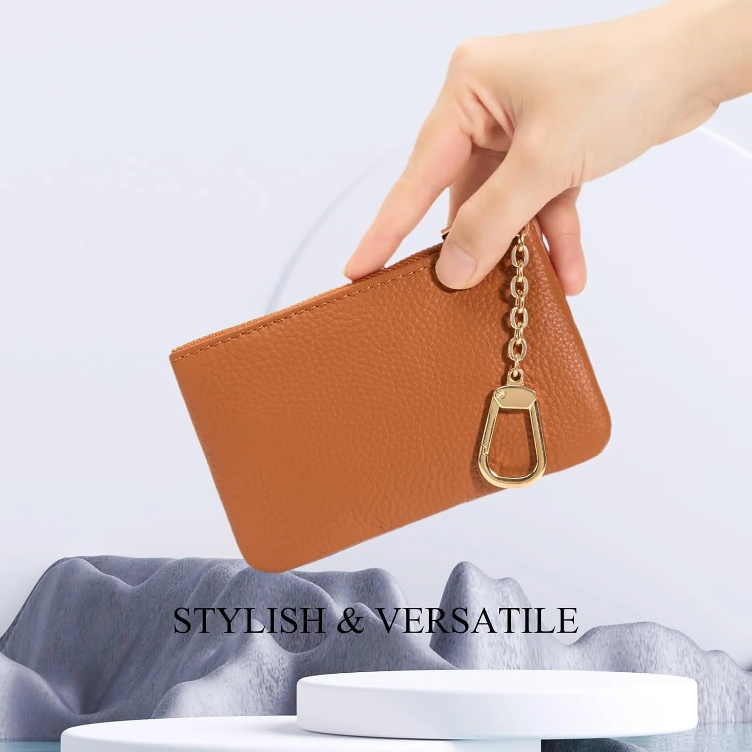 Full Grain Leather Coin Purse with Key Chain - Small Change Purse Keychain Card Holder Keychain Pouch Small Keychain Wallet for Women and Men (Brown, Large Size)