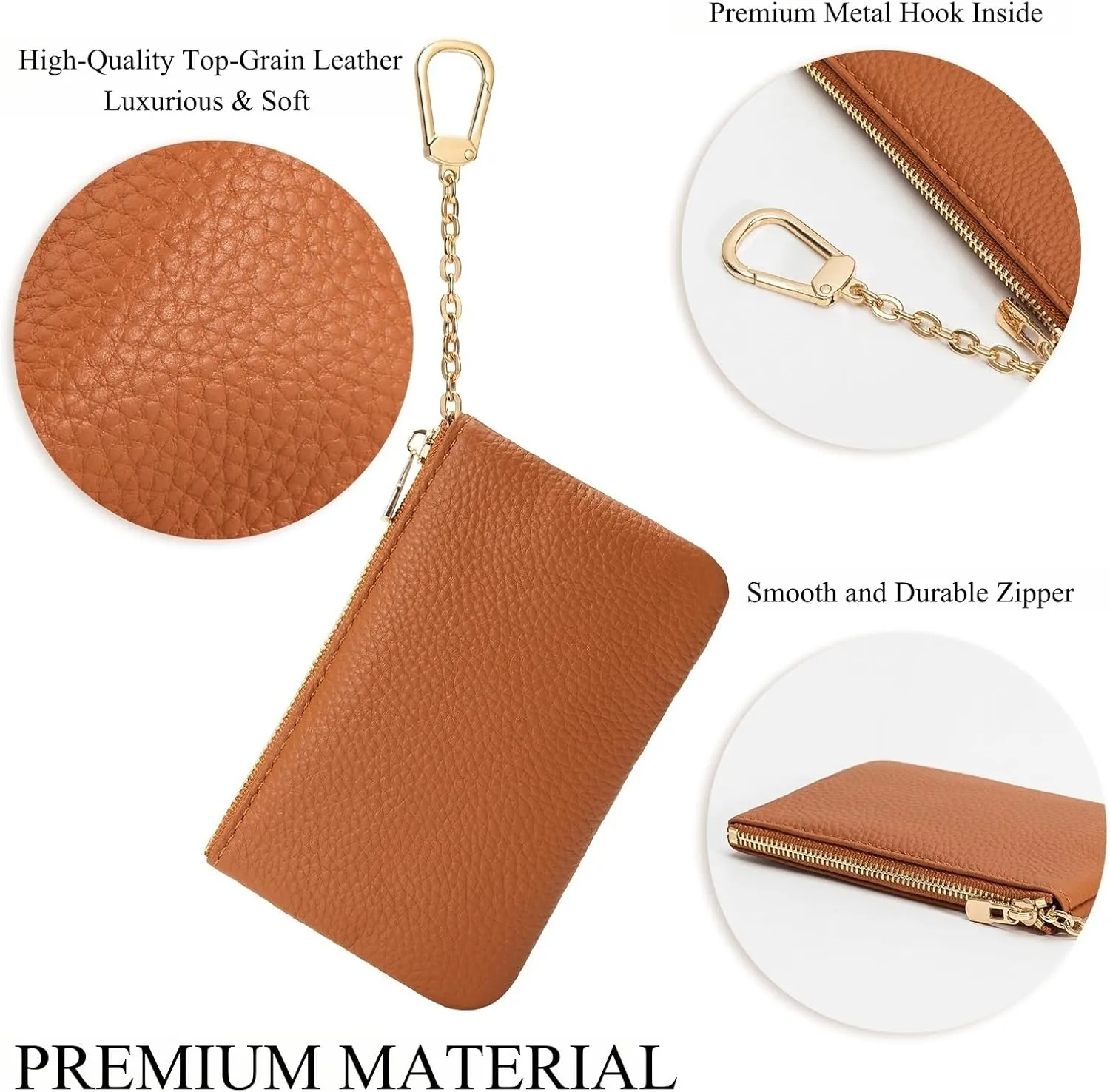 Full Grain Leather Coin Purse with Key Chain - Small Change Purse Keychain Card Holder Keychain Pouch Small Keychain Wallet for Women and Men (Brown, Large Size)