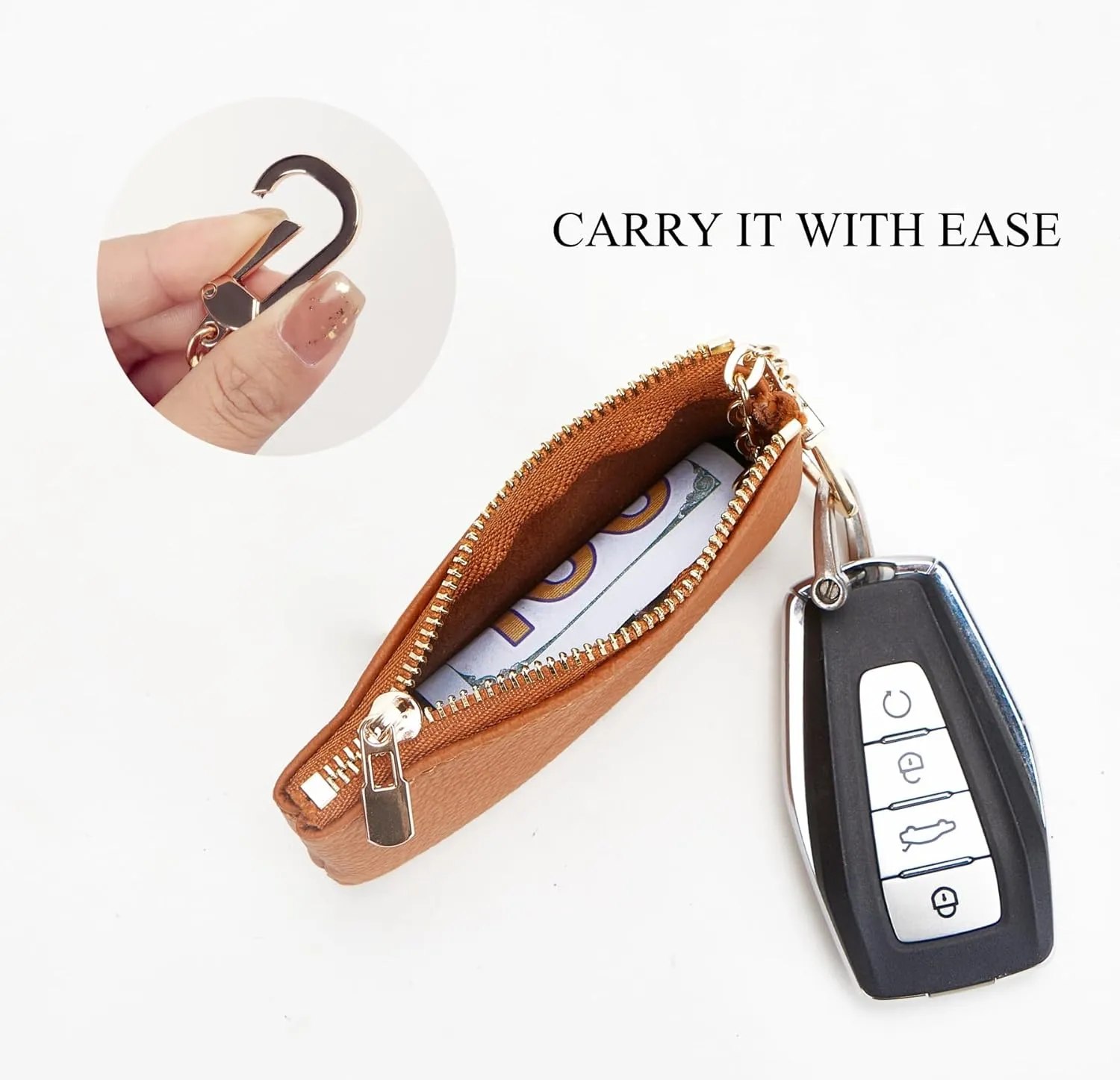 Full Grain Leather Coin Purse with Key Chain - Small Change Purse Keychain Card Holder Keychain Pouch Small Keychain Wallet for Women and Men (Brown)