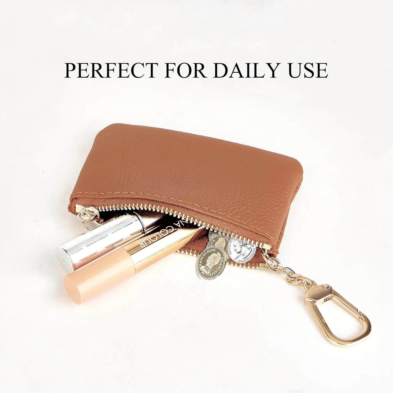 Full Grain Leather Coin Purse with Key Chain - Small Change Purse Keychain Card Holder Keychain Pouch Small Keychain Wallet for Women and Men (Brown)