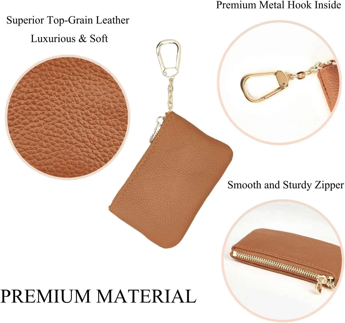 Full Grain Leather Coin Purse with Key Chain - Small Change Purse Keychain Card Holder Keychain Pouch Small Keychain Wallet for Women and Men (Brown)