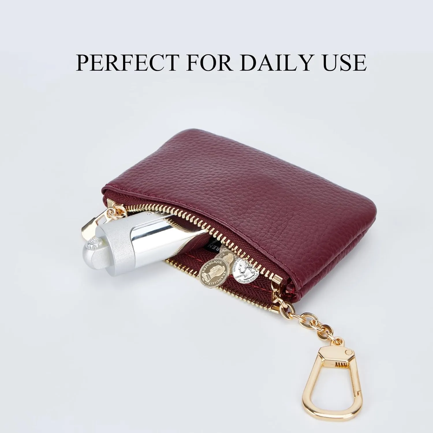 Full Grain Leather Coin Purse with Key Chain - Small Change Purse Keychain Card Holder Keychain Pouch Small Keychain Wallet for Women and Men (Burgundy)