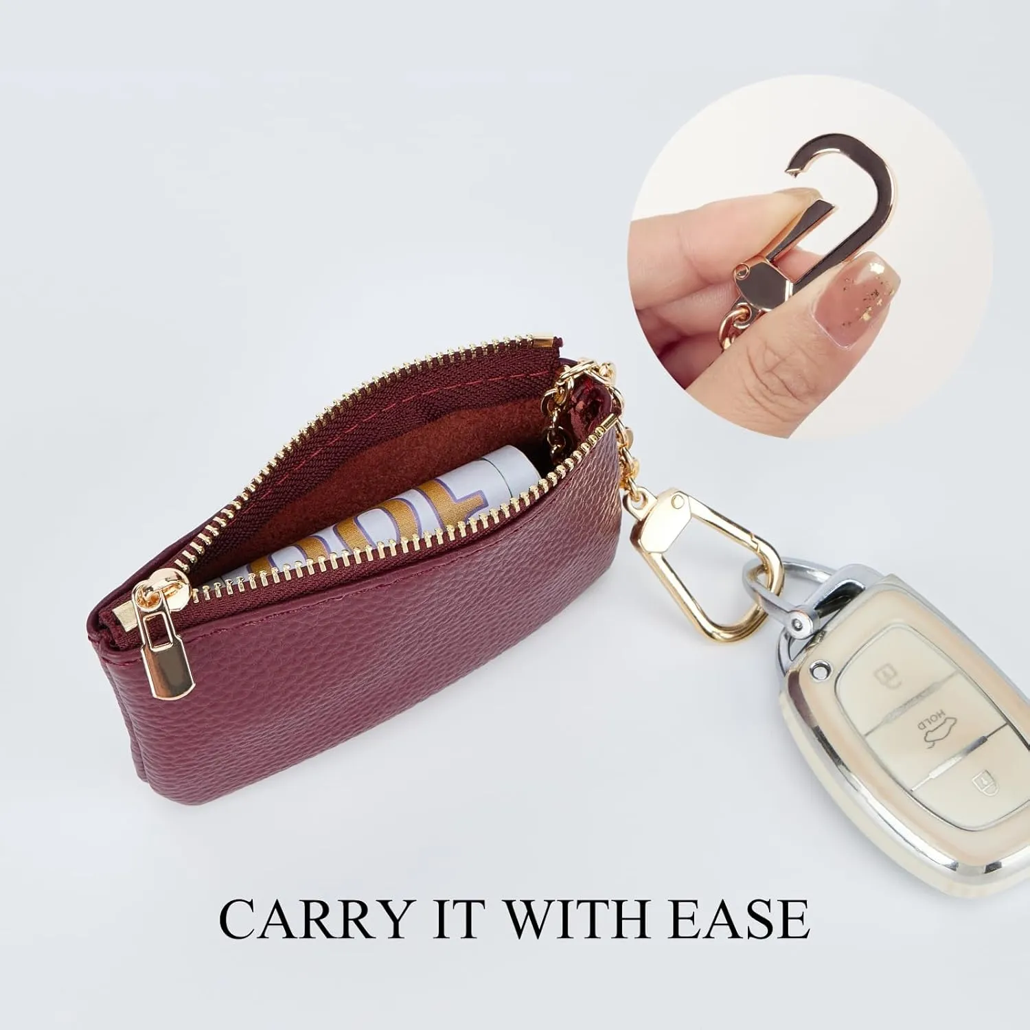 Full Grain Leather Coin Purse with Key Chain - Small Change Purse Keychain Card Holder Keychain Pouch Small Keychain Wallet for Women and Men (Burgundy)