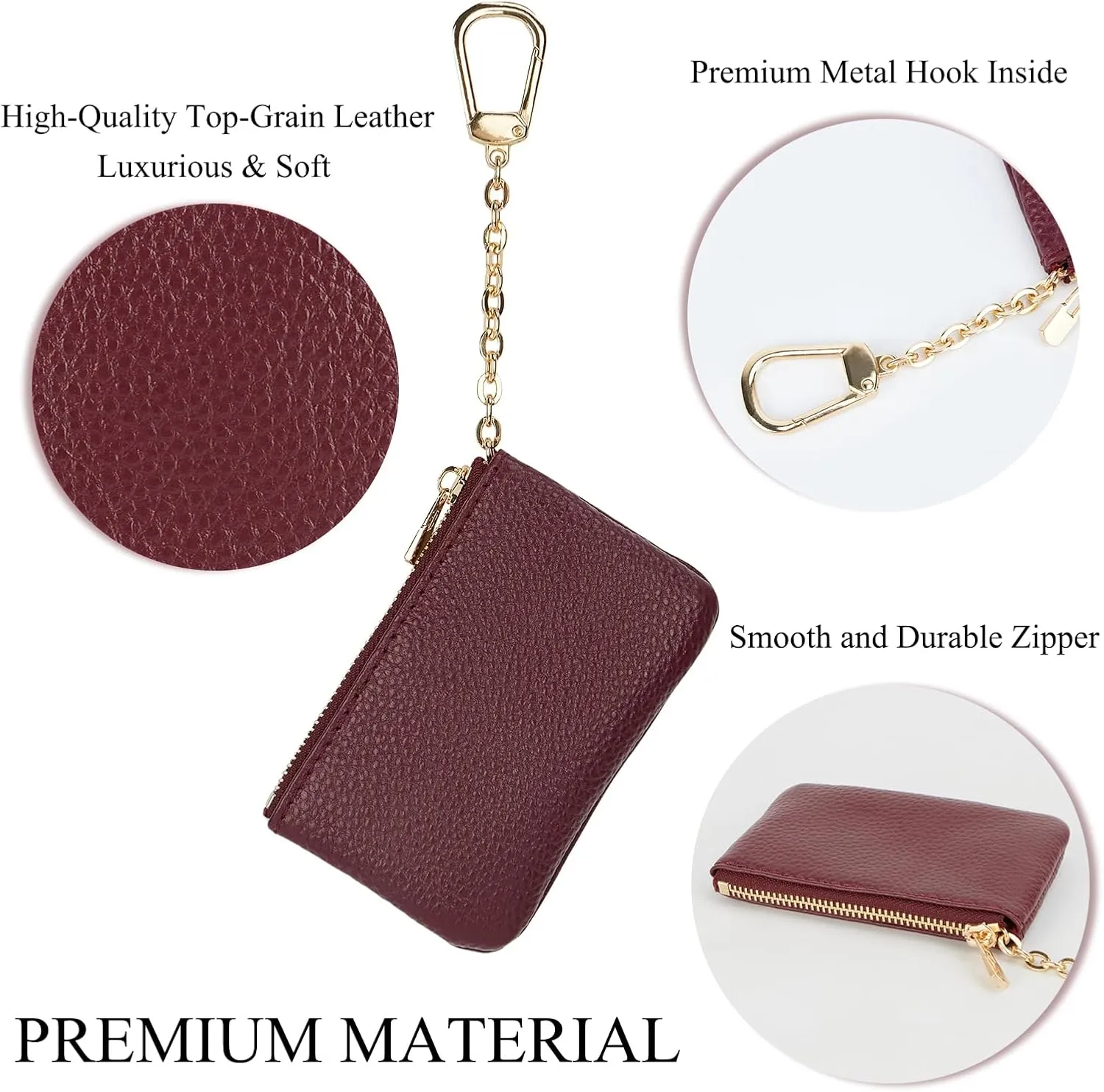 Full Grain Leather Coin Purse with Key Chain - Small Change Purse Keychain Card Holder Keychain Pouch Small Keychain Wallet for Women and Men (Burgundy)
