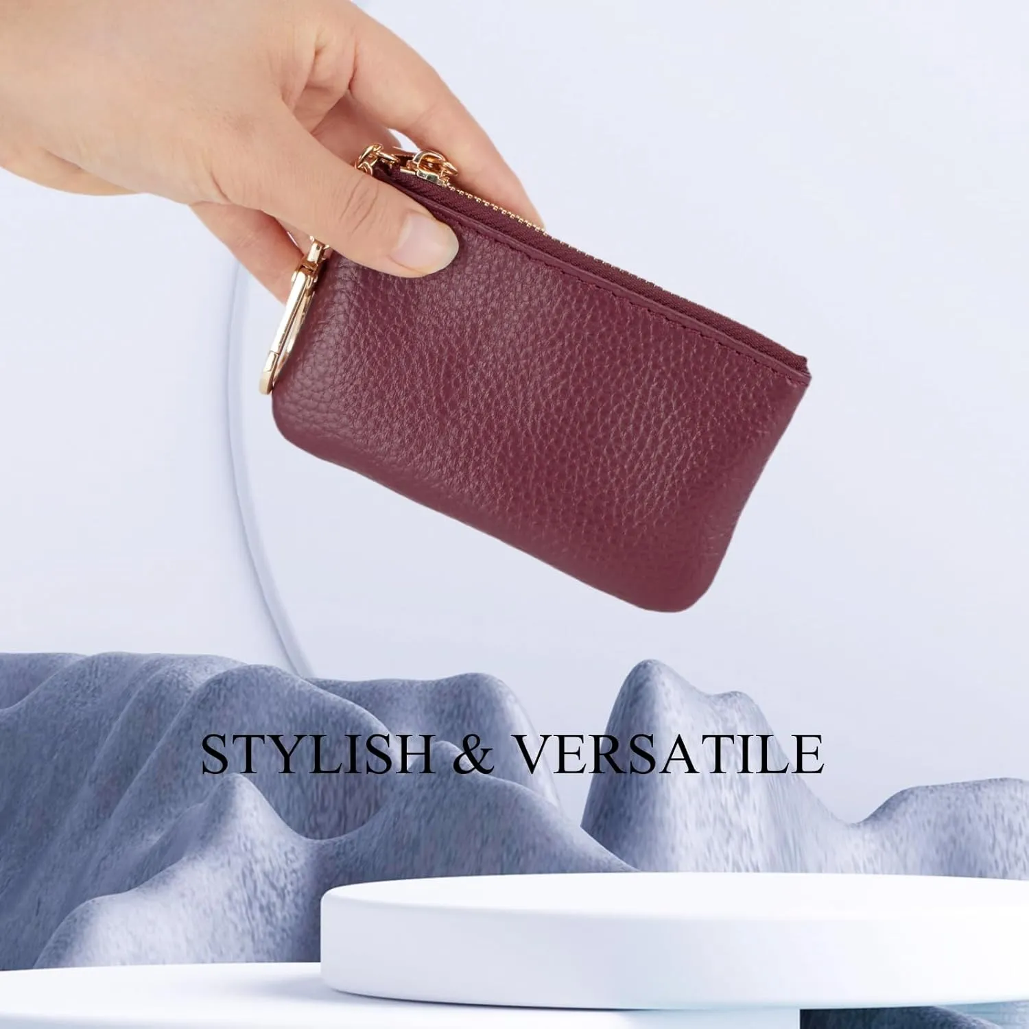 Full Grain Leather Coin Purse with Key Chain - Small Change Purse Keychain Card Holder Keychain Pouch Small Keychain Wallet for Women and Men (Burgundy)