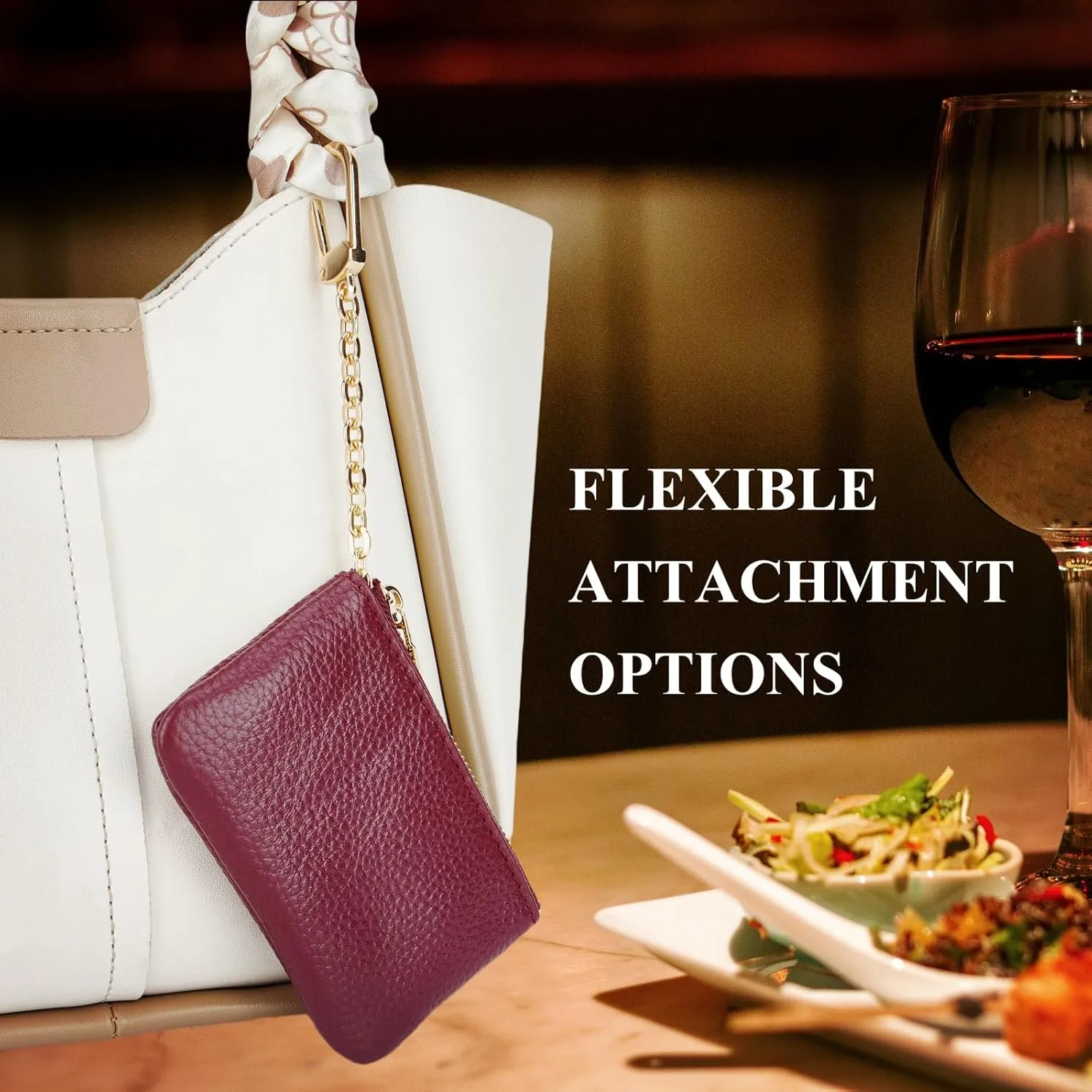 Full Grain Leather Coin Purse with Key Chain - Small Change Purse Keychain Card Holder Keychain Pouch Small Keychain Wallet for Women and Men (Burgundy)