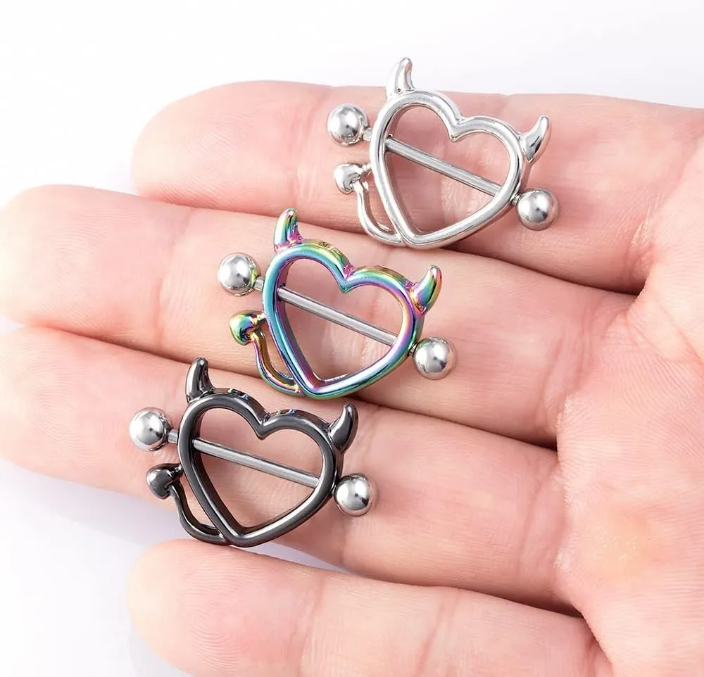 Fuqimanman2020 Devil Heart Nipple Rings Surgical Steel 316L Nipple Piercing Bar Piercing Jewelry for Women Men