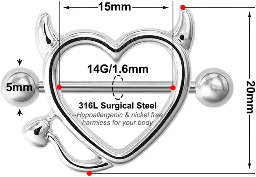 Fuqimanman2020 Devil Heart Nipple Rings Surgical Steel 316L Nipple Piercing Bar Piercing Jewelry for Women Men