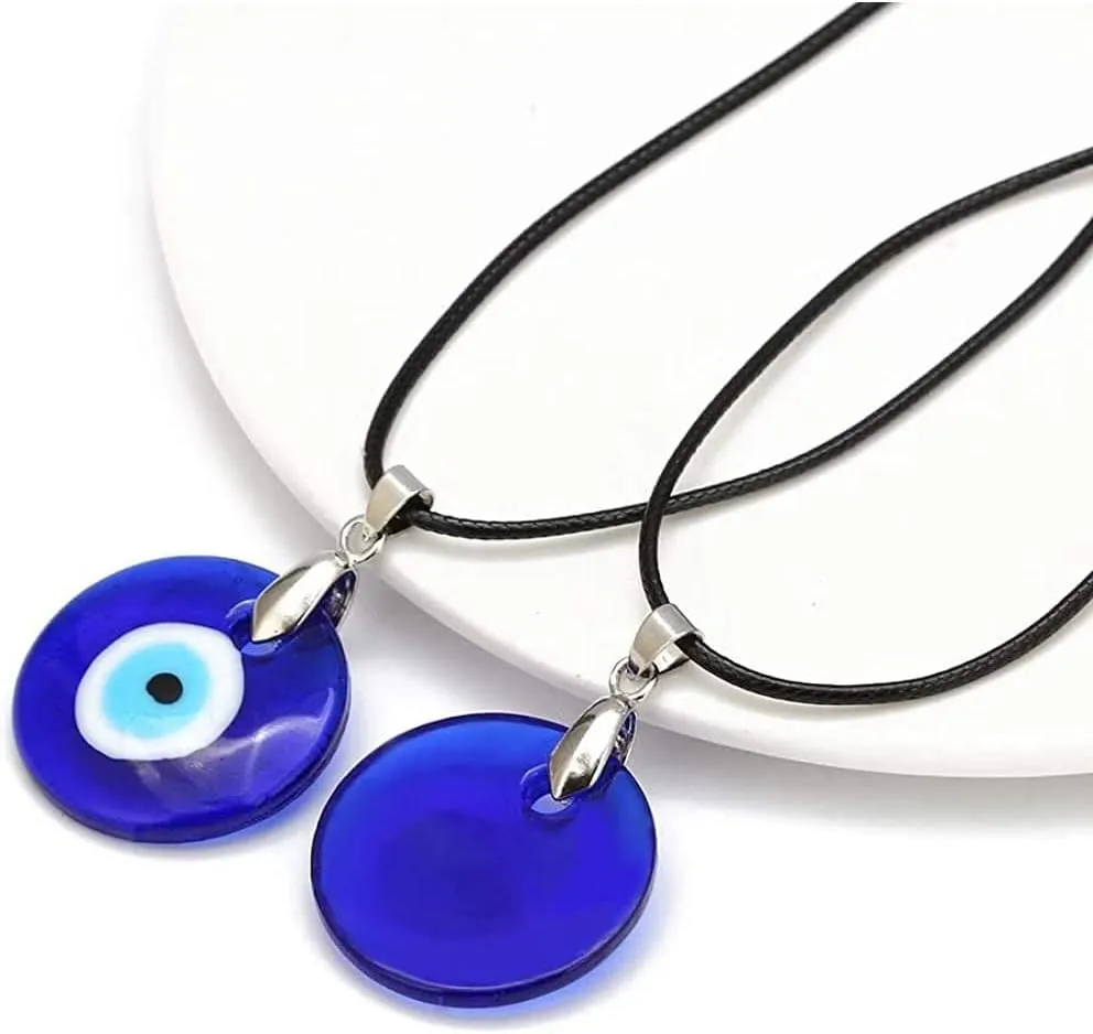 Fuqimanman2020 Lucky Blue Glass Turkish Evil Eye Pendant Necklace Set Leather Rope Hamsa Hand for Women Men Protection Ojo Prayer Religious Amulet Jewelry