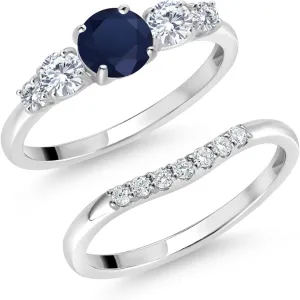 Gem Stone King 10K White Gold Blue Sapphire and White Lab Grown Diamond 5 Stone Bridal Engagement Wedding Ring Set For Women (0.91 Cttw, Round: 5MM and 3MM, Available in Size 5,6,7,8,9)