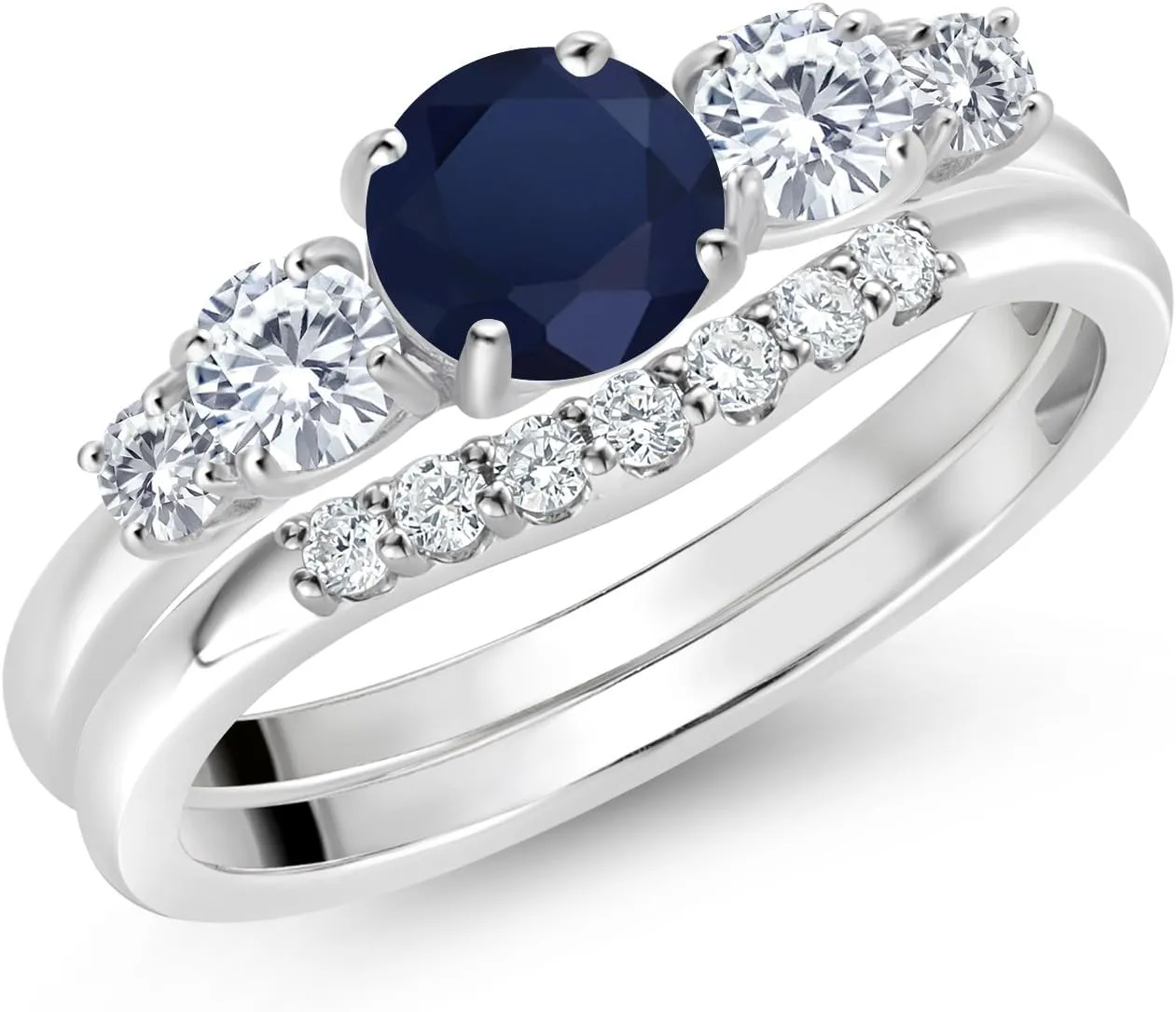 Gem Stone King 10K White Gold Blue Sapphire and White Lab Grown Diamond 5 Stone Bridal Engagement Wedding Ring Set For Women (0.91 Cttw, Round: 5MM and 3MM, Available in Size 5,6,7,8,9)
