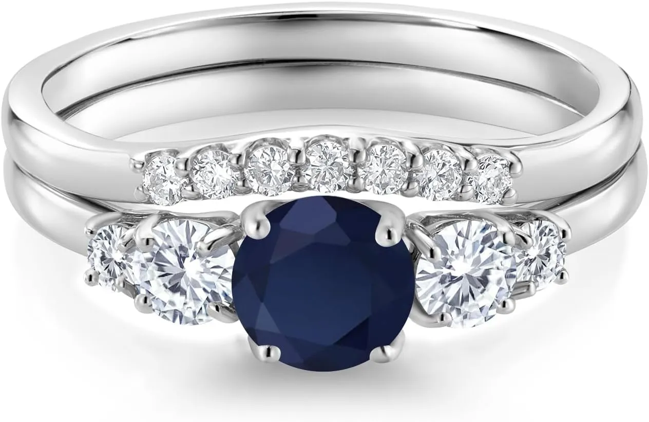 Gem Stone King 10K White Gold Blue Sapphire and White Lab Grown Diamond 5 Stone Bridal Engagement Wedding Ring Set For Women (0.91 Cttw, Round: 5MM and 3MM, Available in Size 5,6,7,8,9)