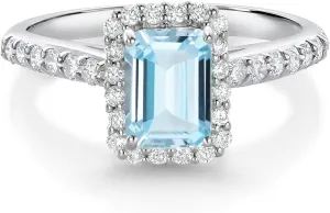 Gem Stone King 10K White Gold Sky Blue Aquamarine and White Lab Grown Diamond Halo Engagement Wedding Ring For Women (1.14 Cttw, Emerald Cut 7X5MM, Available In Size 5, 6, 7, 8, 9)