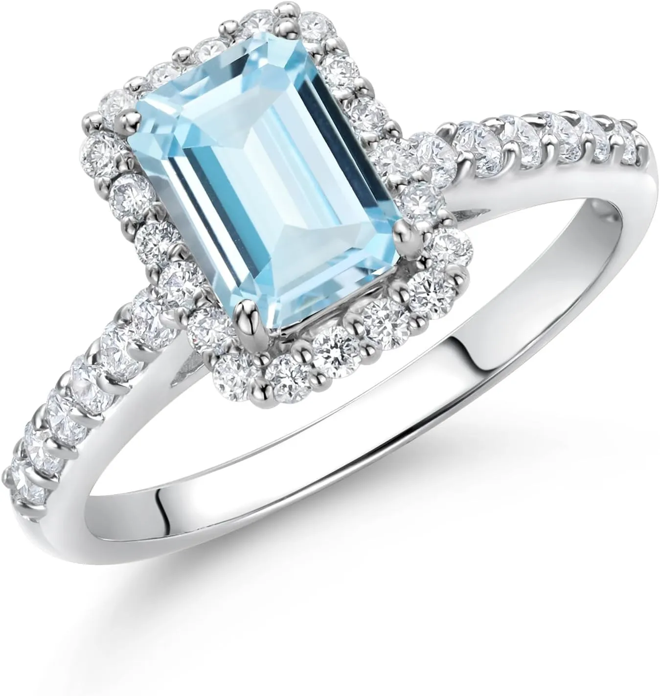 Gem Stone King 10K White Gold Sky Blue Aquamarine and White Lab Grown Diamond Halo Engagement Wedding Ring For Women (1.14 Cttw, Emerald Cut 7X5MM, Available In Size 5, 6, 7, 8, 9)