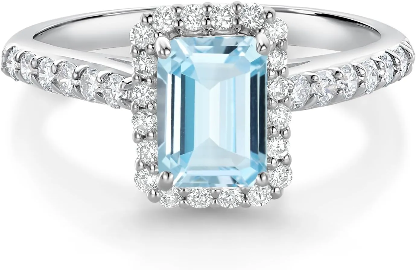 Gem Stone King 10K White Gold Sky Blue Aquamarine and White Lab Grown Diamond Halo Engagement Wedding Ring For Women (1.14 Cttw, Emerald Cut 7X5MM, Available In Size 5, 6, 7, 8, 9)