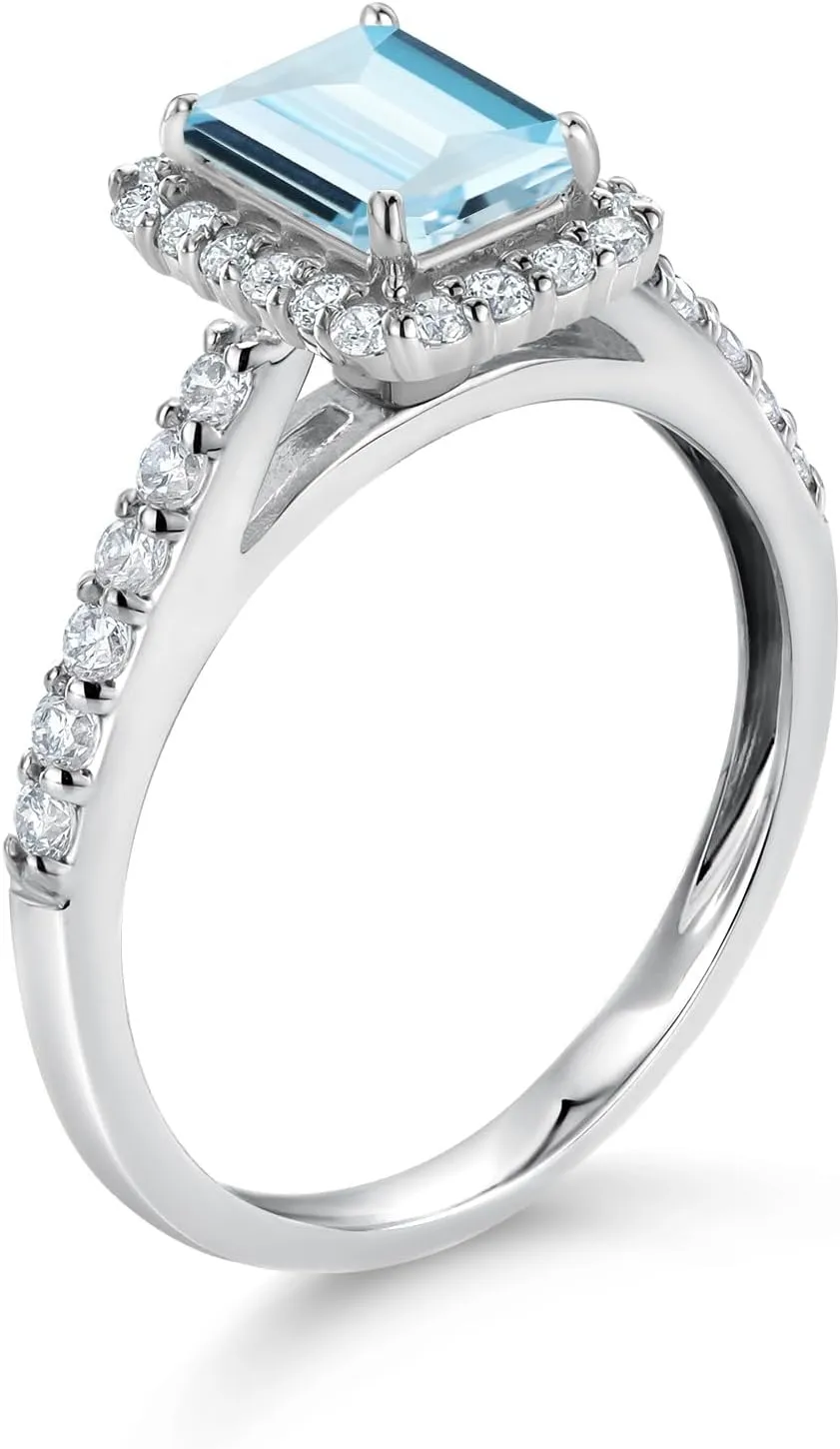Gem Stone King 10K White Gold Sky Blue Aquamarine and White Lab Grown Diamond Halo Engagement Wedding Ring For Women (1.14 Cttw, Emerald Cut 7X5MM, Available In Size 5, 6, 7, 8, 9)