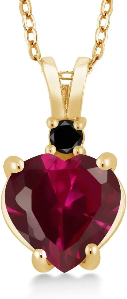 Gem Stone King 14K Yellow Gold Red Created Ruby and Black Diamond Pendant Necklace For Women (2.25 Cttw, Heart Shape 8MM, with 18 Inch Chain)