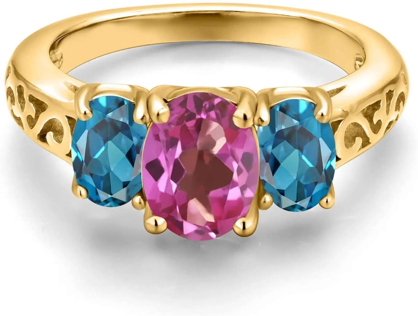Gem Stone King 18K Yellow Gold Plated Silver Pink Mystic Topaz and London Blue Topaz Filigree Style 3 Stone Ring for Women (2.50 Cttw, Oval 8X6MM and 6X4MM, Available in Size 5, 6, 7, 8, 9)