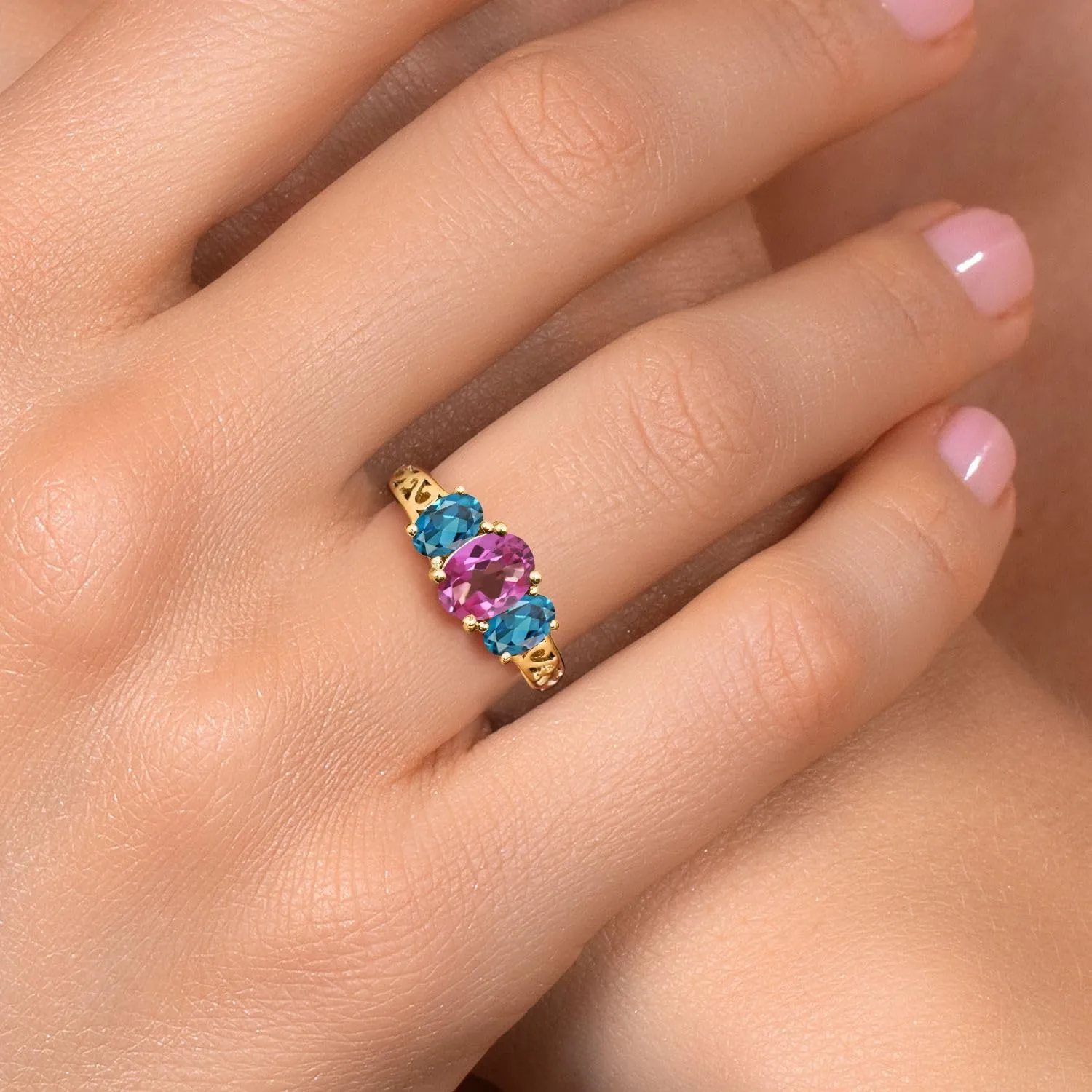 Gem Stone King 18K Yellow Gold Plated Silver Pink Mystic Topaz and London Blue Topaz Filigree Style 3 Stone Ring for Women (2.50 Cttw, Oval 8X6MM and 6X4MM, Available in Size 5, 6, 7, 8, 9)