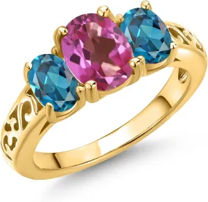Gem Stone King 18K Yellow Gold Plated Silver Pink Mystic Topaz and London Blue Topaz Filigree Style 3 Stone Ring for Women (2.50 Cttw, Oval 8X6MM and 6X4MM, Available in Size 5, 6, 7, 8, 9)