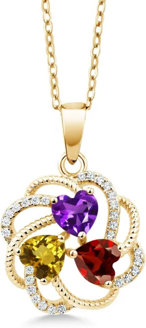 Gem Stone King 18K Yellow Gold Plated Silver Yellow Gold Plated Customized and Personalized 3 Heart Shape Gemstone Birthstone Flower Mothers Family Blossom Couple Pendant Necklace for Women